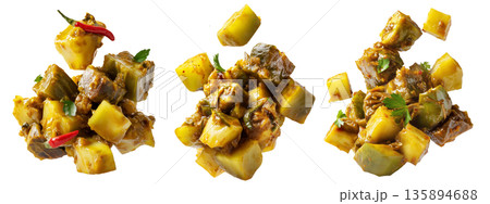 Cooked chunks of breadfruit with coconut and herbs, isolated on white background, concept of traditional Micronesia cuisine 135894688
