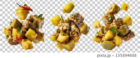 Cooked chunks of breadfruit with coconut and herbs, isolated on white background, concept of traditional Micronesia cuisine 135894688