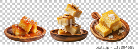 Cassava syrup-drenched semolina coconut cake pieces stacked and isolated on white background, concept of Fijian Cuisine 135894689