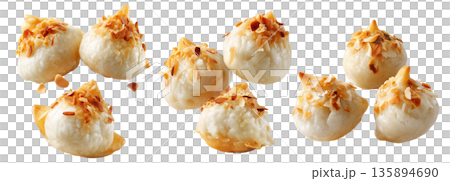 Banana coconut rice balls topped with toasted almonds, isolated on white background, concept of Micronesia Asian dessert 135894690