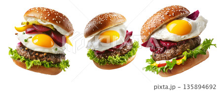 Kiwi burger with fried egg, beetroot slices, lettuce, cheese, and herbs isolated on white background, New Zealand fast food Kiwi burger with fried egg, beetroot slices, lettuce, cheese, and herbs isolated on white background, New Zealand fast food 135894692