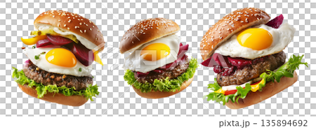 Kiwi burger with fried egg, beetroot slices, lettuce, cheese, and herbs isolated on white background, New Zealand fast food Kiwi burger with fried egg, beetroot slices, lettuce, cheese, and herbs isolated on white background, New Zealand fast food 135894692