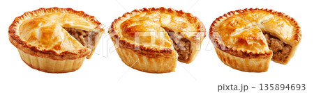 Australia meat pie with minced beef and gravy and crisp flaky crust isolated on white background. Concept of homemade comfort food Australia meat pie with minced beef and gravy and crisp flaky crust isolated on white background. Concept of homemade comfort food 135894693