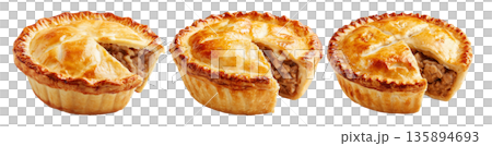Australia meat pie with minced beef and gravy and crisp flaky crust isolated on white background. Concept of homemade comfort food 135894693