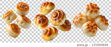 Panipopo sweet rolls baked in coconut milk with golden crust isolated on white background, concept of bakery and food freshness 135894694