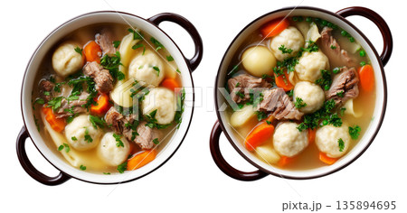 Hot meat pork soup with vegetables and doughboys dumplings in wooden bowl, isolated on white background, New Zealand cuisine 135894695