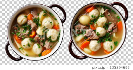 Hot meat pork soup with vegetables and doughboys dumplings in wooden bowl, isolated on white background, New Zealand cuisine 135894695