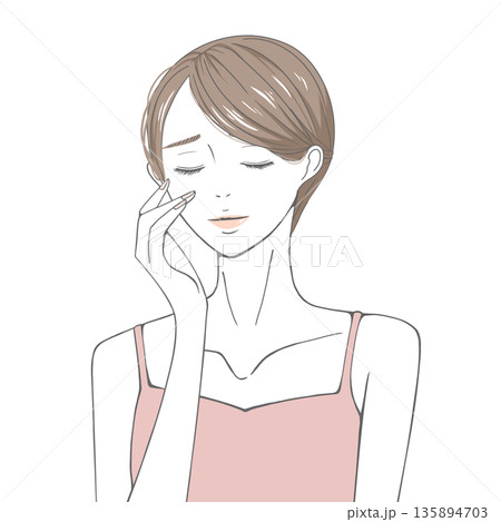 目をつぶり右頬に手を添える女性(茶髪) 目をつぶり右頬に手を添える女性(茶髪) 135894703