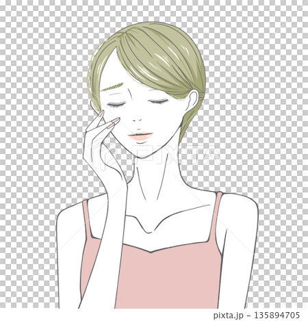 A blonde woman with her eyes closed and her hand on her right cheek A blonde woman with her eyes closed and her hand on her right cheek 135894705