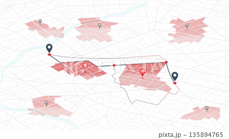 Highway disruptions. Accident road. Closed turns of the route, road. Traffic detours on perspective map. Location tracks dashboard. Generic city map with signs of streets. Vector illustration 135894765