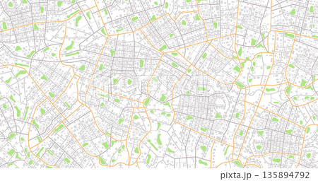 City top view. View from above the map buildings. View from above the map buildings. Detailed view of city. Decorative graphic tourist map. Abstract transportation background. Vector, illustration. 135894792