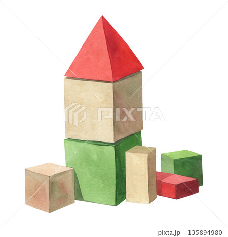 Watercolor illustration of toy wooden blocks and a pyramid 135894980