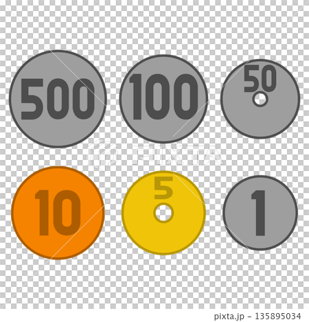 一套六枚日本硬幣（貨幣）的簡單圖示 135895034