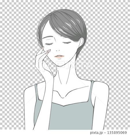 目をつぶり右頬に手を添える女性(黒髪) 目をつぶり右頬に手を添える女性(黒髪) 135895069