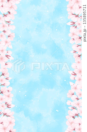 手描きの桜の左右フレーム_青空背景_縦 手描きの桜の左右フレーム_青空背景_縦 135895711