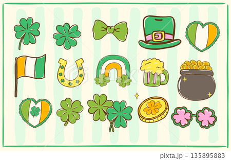 St Patrick element Hand Drawn Symbol set,  leprechaun hat, shamrock, clover, gold, pot, rainbow, beer and irish flag 135895883