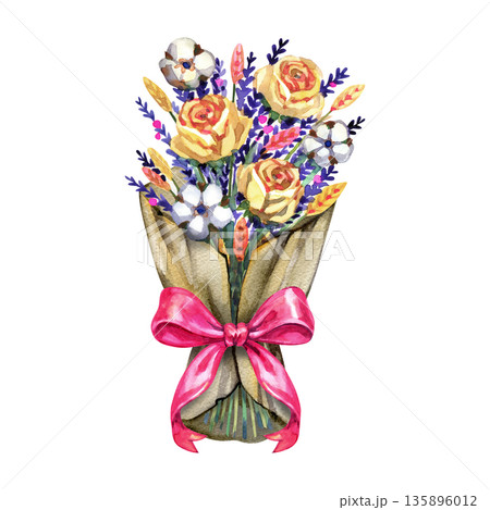 Delicate watercolor bouquet of yellow roses and lavender wrapped in brown kraft paper with a bright pink silk bow. This hand-painted rustic floral arrangement features soft botanical textures and 135896012