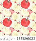 Illustration of an apple, slice, and half, hand-drawn watercolor fruit seamless pattern. Ripe realistic seasonal fruit. 135896022