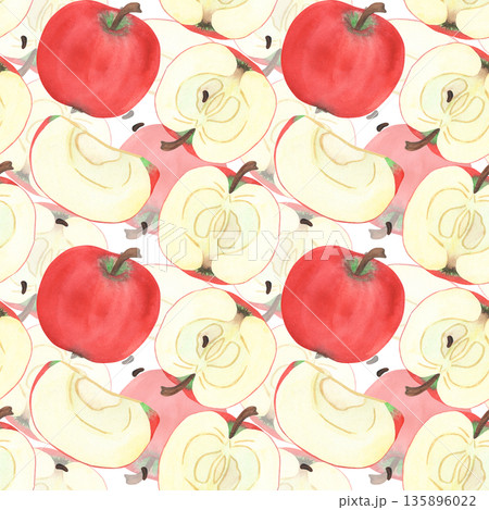 Illustration of an apple, slice, and half, hand-drawn watercolor fruit seamless pattern. Ripe realistic seasonal fruit. 135896022