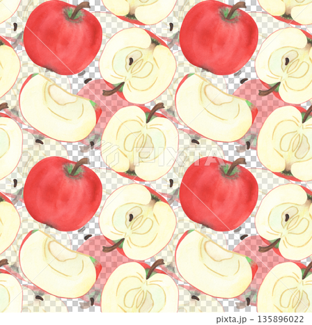 Illustration of an apple, slice, and half, hand-drawn watercolor fruit seamless pattern. Ripe realistic seasonal fruit. 135896022
