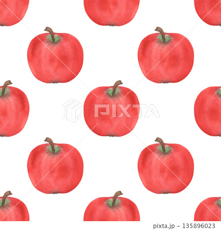 Illustration of an apple, slice, and half, hand-drawn watercolor fruit seamless pattern. Ripe realistic seasonal fruit. 135896023