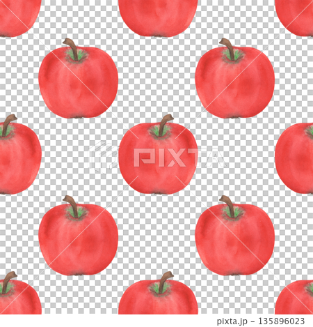 Illustration of an apple, slice, and half, hand-drawn watercolor fruit seamless pattern. Ripe realistic seasonal fruit. 135896023