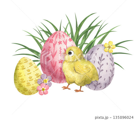 Watercolor illustration of an Easter-themed chick Watercolor illustration of an Easter-themed chick 135896024