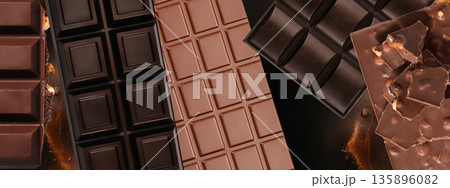 Assorted chocolate bars composition on dark background 135896082