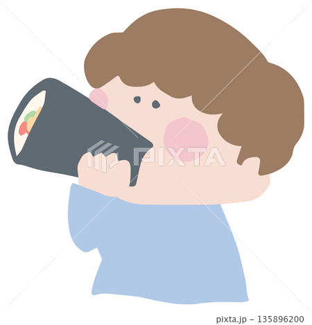 2月の園だよりに使いやすい シンプル手描きイラストカットシリーズ｜恵方巻を食べる姿 135896200