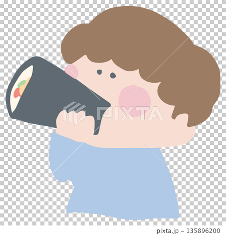 2月の園だよりに使いやすい シンプル手描きイラストカットシリーズ｜恵方巻を食べる姿 135896200