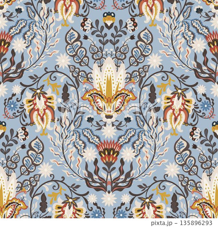 Blue Folk Baroque Floral Damask Print 135896293