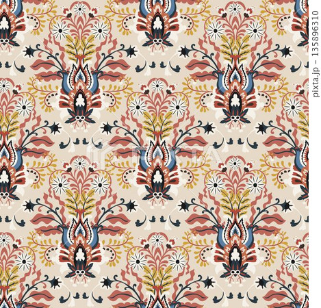 Vintage Folk Floral Damask Ornament Print 135896310