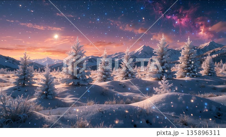ゲーム背景　夕焼けの星空とダイヤモンドと樹氷の風景 135896311
