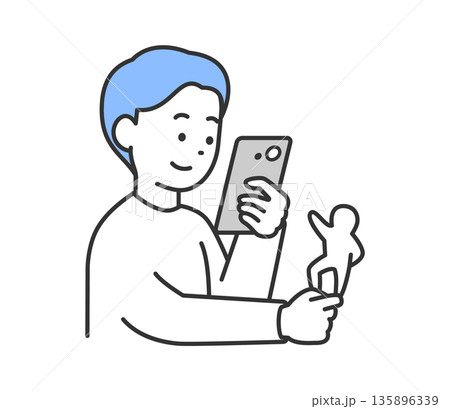 スマートフォンでアクリルスタンドを撮影する男性のイラスト　ベクター 135896339