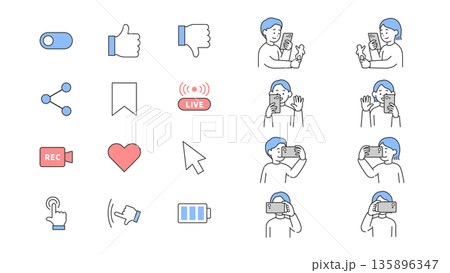 スマートフォンやSNSに関するアイコンと人物のイラストセット ベクター スマートフォンやSNSに関するアイコンと人物のイラストセット ベクター 135896347
