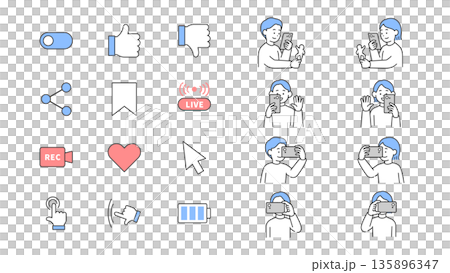 スマートフォンやSNSに関するアイコンと人物のイラストセット ベクター スマートフォンやSNSに関するアイコンと人物のイラストセット ベクター 135896347