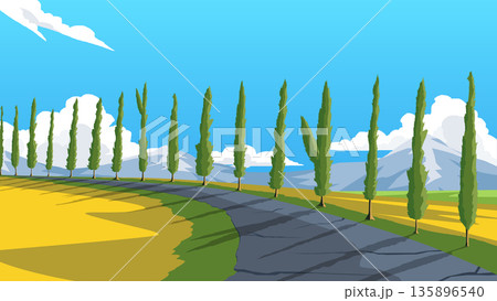 Scenic countryside asphalt road winding through green fields. With tall cypress trees and majestic mountain range under a blue sky with white clouds in modern flat design style for nature background. 135896540