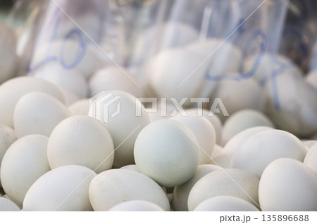 Many fresh white duck eggs in a carton box on a market Many fresh white duck eggs in a carton box on a market 135896688
