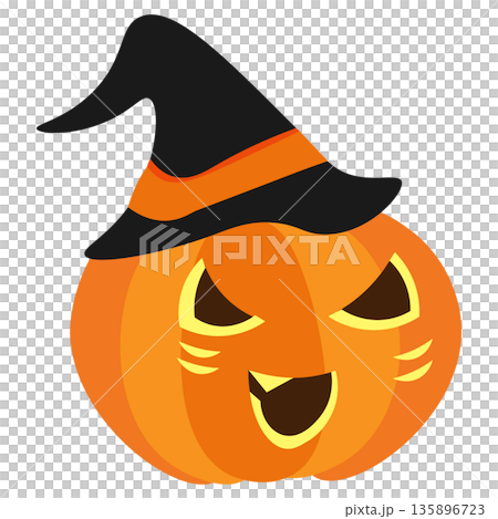 Illustration of a jack-o'-lantern character wearing a witch's hat 135896723
