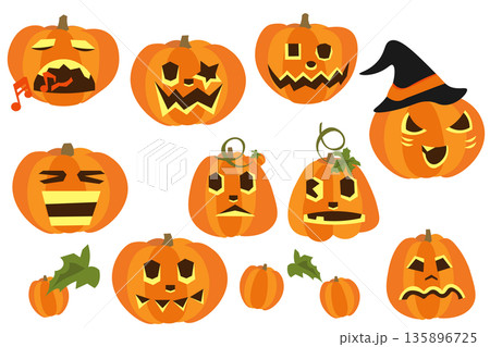 いろんな表情のジャックオランタンのイラストセット いろんな表情のジャックオランタンのイラストセット 135896725