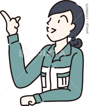 作業服を着た女性がアイデアを出しているイラスト　緑色の制服 135896870