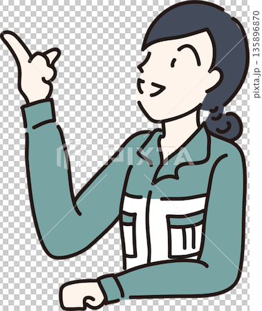 圖:一位身穿工作服的女性正在構思想法——綠色制服 圖:一位身穿工作服的女性正在構思想法——綠色制服 135896870