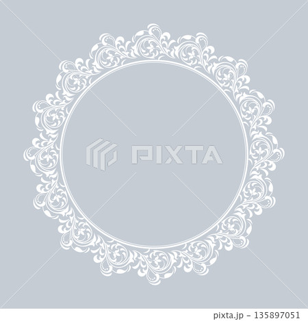 Decorative frame Elegant vector element for design in Eastern style, place for text. Floral gray and white border. Lace illustration for invitations and greeting cards Decorative frame Elegant vector element for design in Eastern style, place for text. Floral gray and white border. Lace illustration for invitations and greeting cards 135897051
