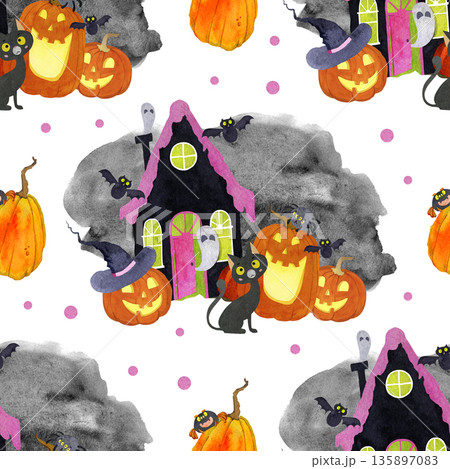Seamless watercolor pattern with Halloween theme with pumpkins, haunted house and black cat 135897083