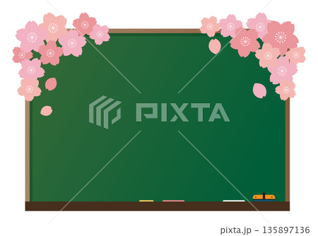 桜の花で飾られた黒板のイラスト素材。 135897136