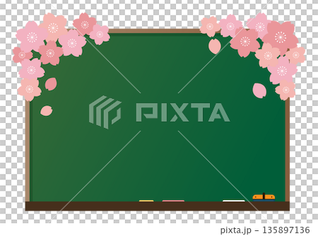 桜の花で飾られた黒板のイラスト素材。 135897136