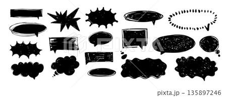 Hand drawn speech bubble shapes set with empty text areas. Black ink doodle dialog bubbles, thought clouds and starburst labels. Sketch marker illustration collection isolated on white background Hand drawn speech bubble shapes set with empty text areas. Black ink doodle dialog bubbles, thought clouds and starburst labels. Sketch marker illustration collection isolated on white background 135897246