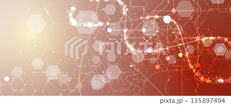 Futuristic scientific hexagons structure, DNA strands, connected neural web 135897494