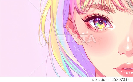 淡い色の髪色で虹色に輝く瞳の女性 コピースペース:有り AI生成素材 淡い色の髪色で虹色に輝く瞳の女性 コピースペース:有り AI生成素材 135897835