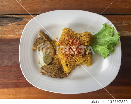 Biryani rice with goat on dish plate 135897853